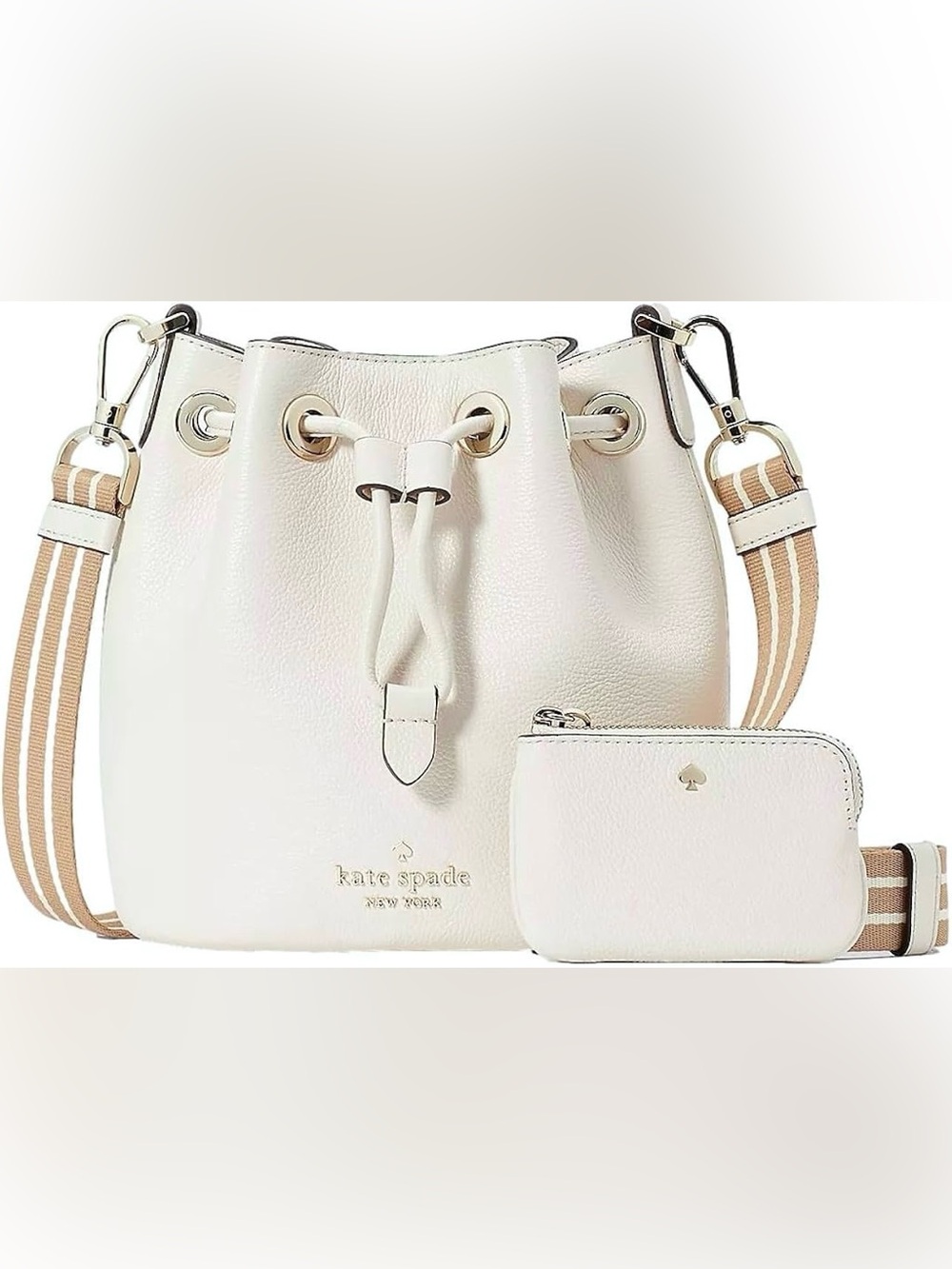 kate spade Cream Leather Drawstring Crossbody with Striped Strap